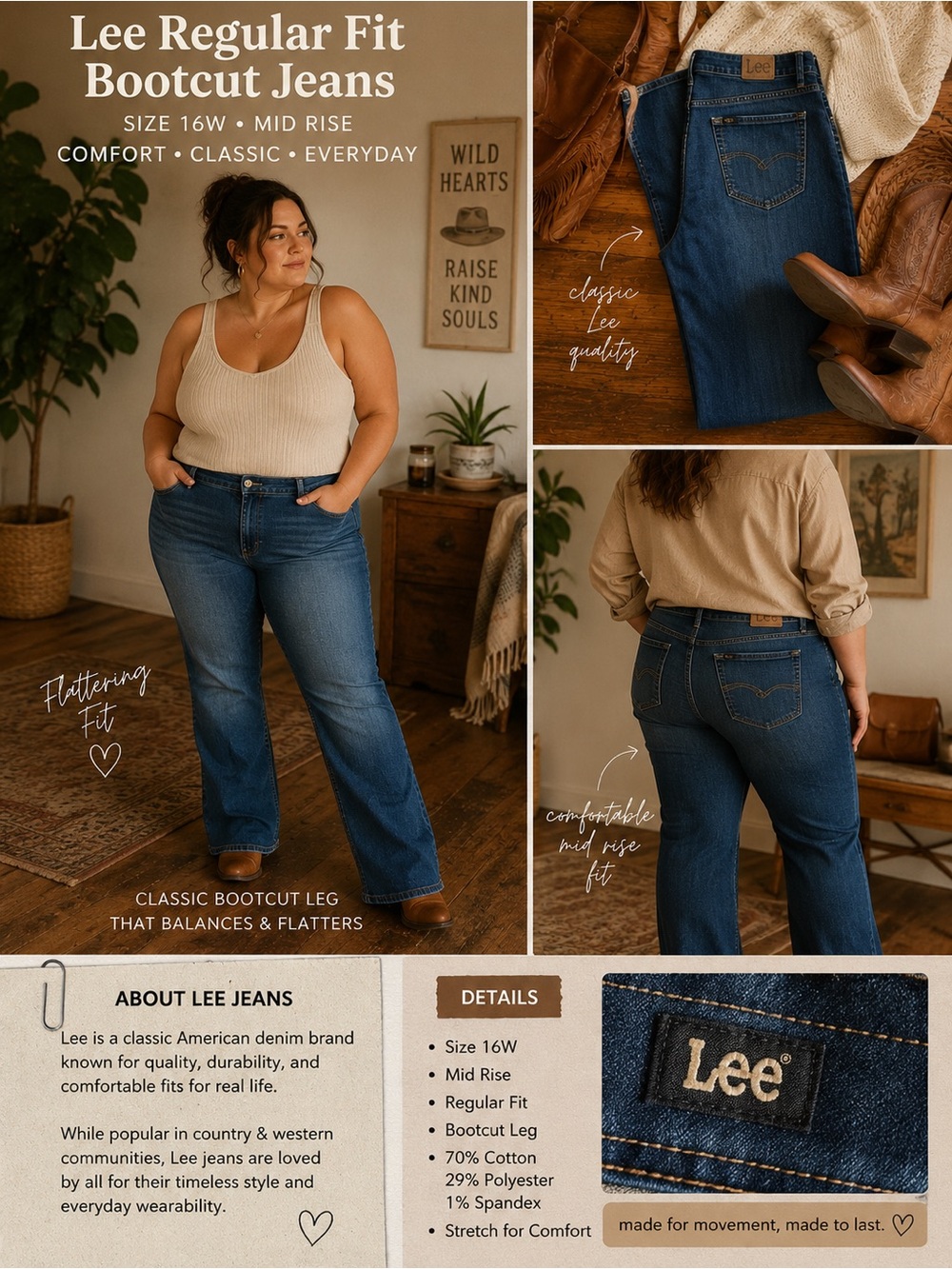Lee Bootcut Jeans • Stretch Denim • 16W • Medium Wash • Casual Western